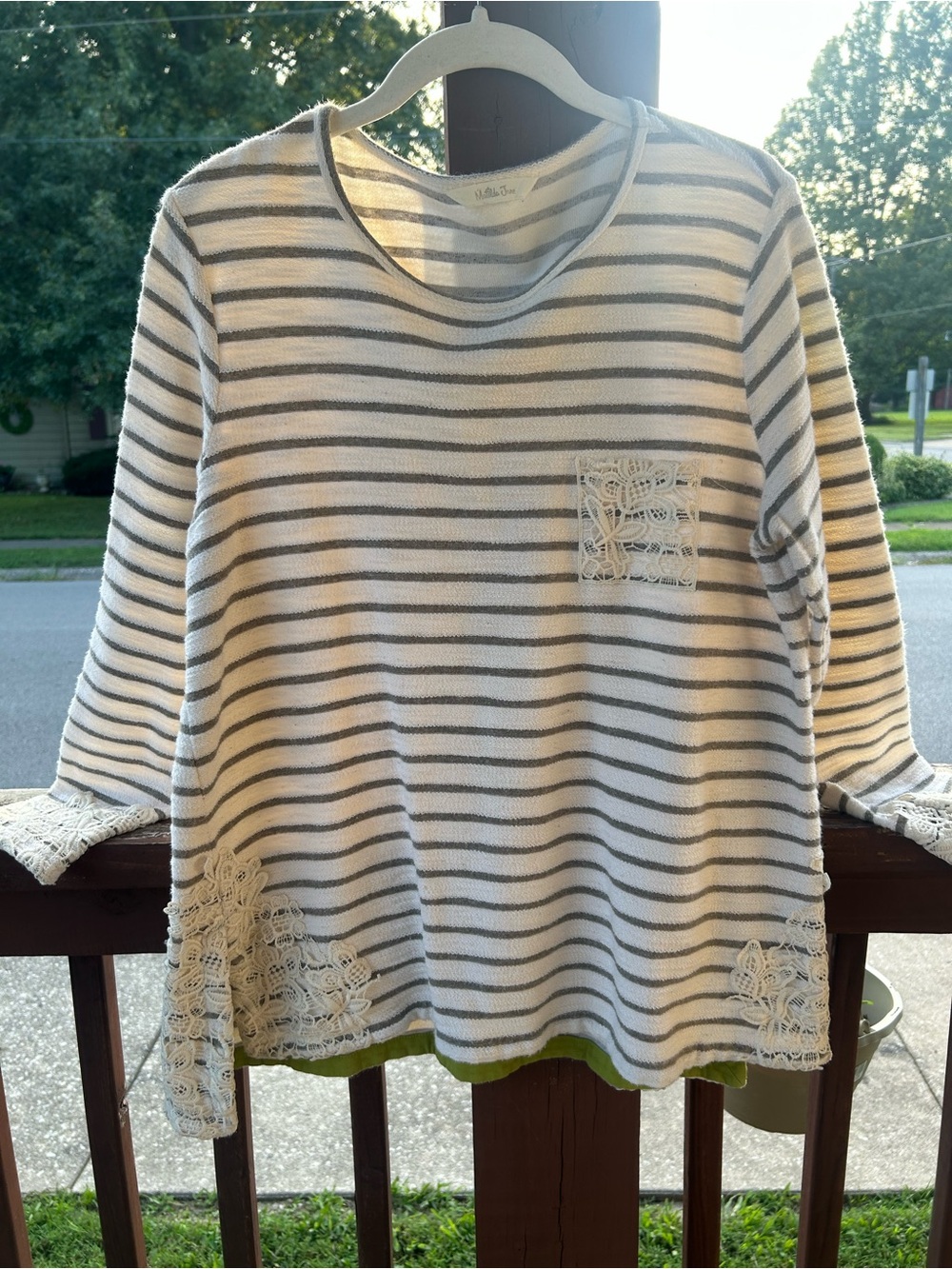 Matilda Jane Cream & Gray Striped Crochet Accent Top